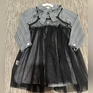 Girls Black & White Gingham Dress with Tulle Overlay